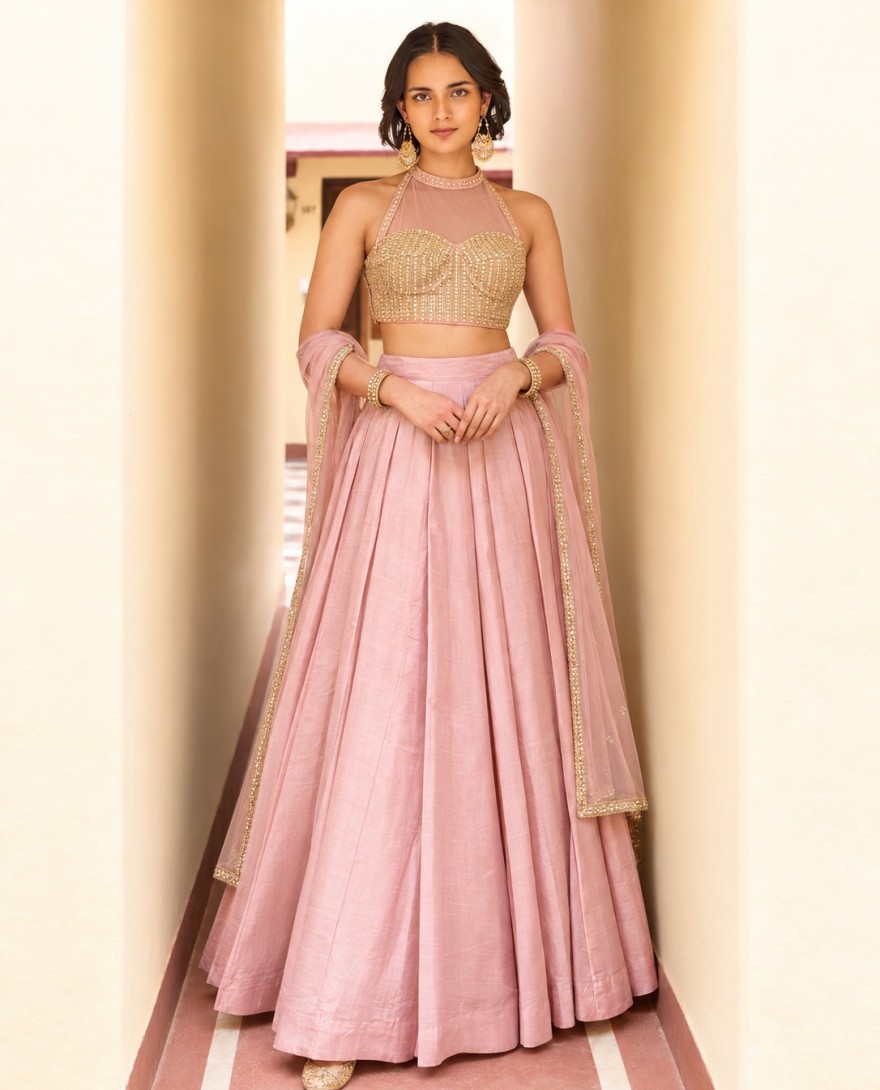 9030 - Silk Pink Plain Lehenga Choli